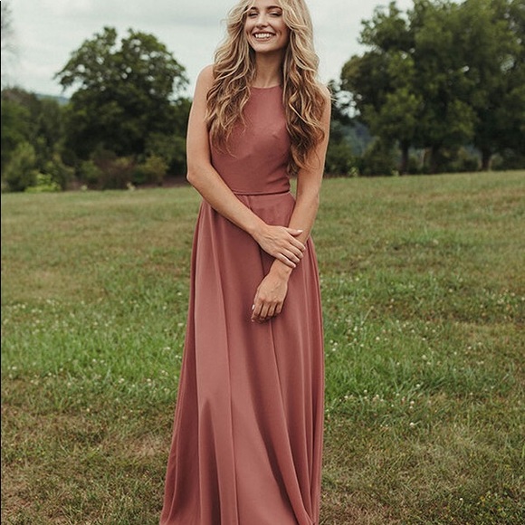 Jenny Yoo Elizabeth Sleeveless Sweetheart Neck Chiffon Maxi Gown Cinnamon Pink - Picture 15 of 16